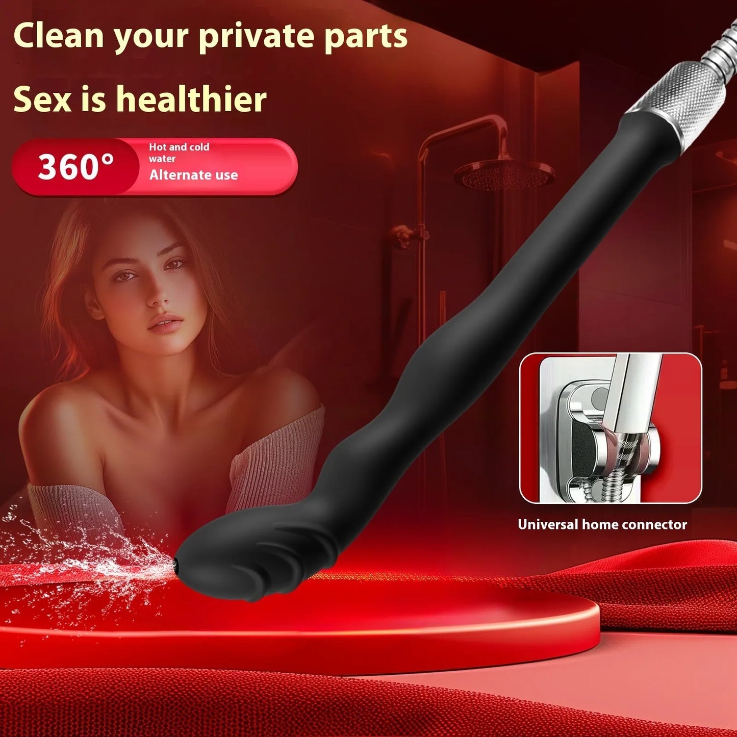 Black silicone hosepipe flusher with enema attachment for cleaning pipes in large and small sizes
