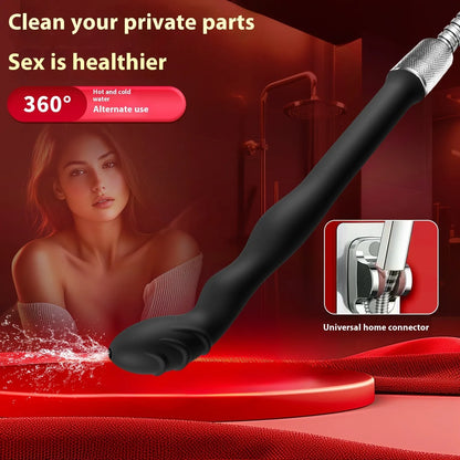 Black silicone hosepipe flusher with enema attachment for cleaning pipes in large and small sizes