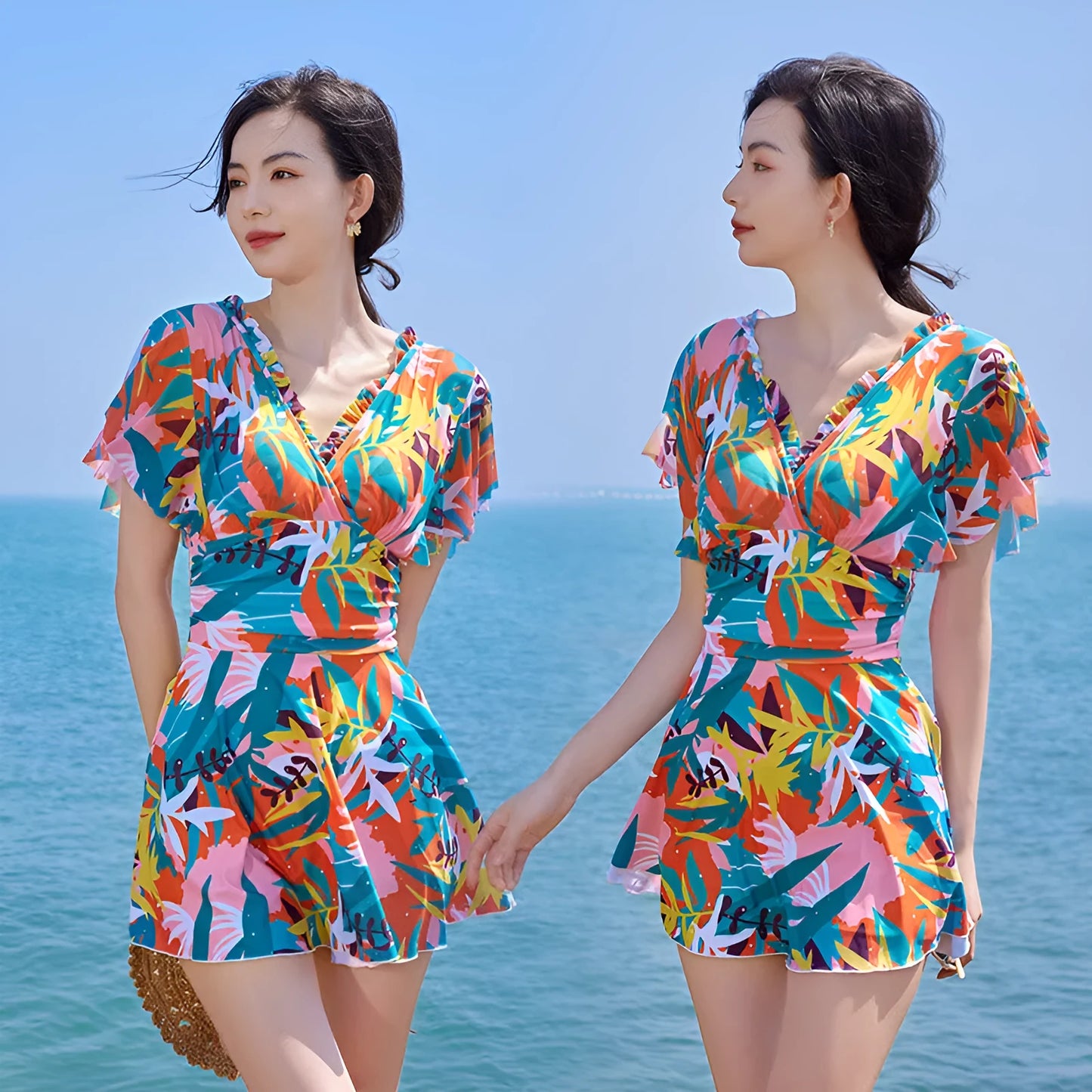 Women's colourful printed one-piece swimsuit on a mannequin, showing full coverage design.