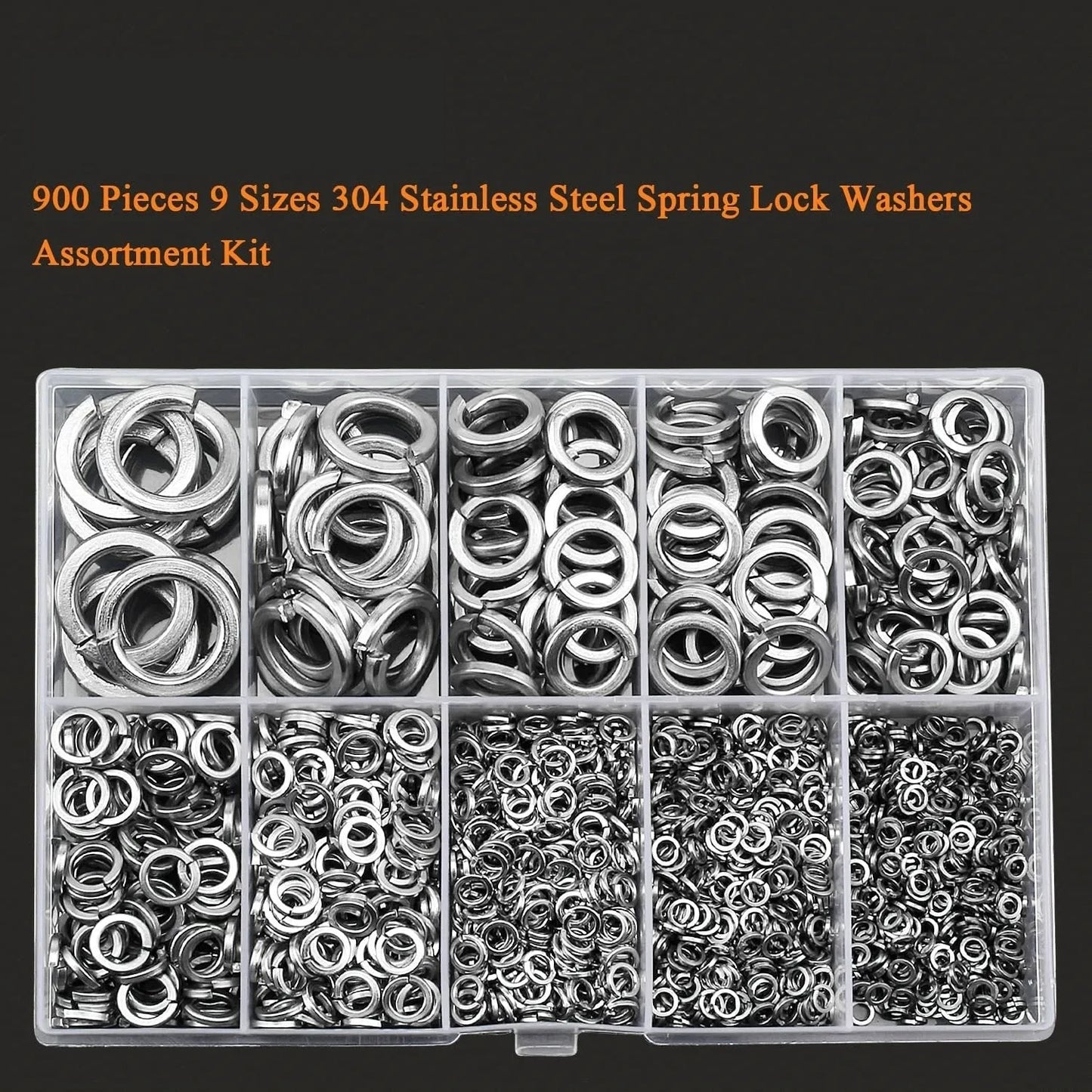 304 stainless steel spring lock washer combination box with 900 pieces for 2-12mm fasteners