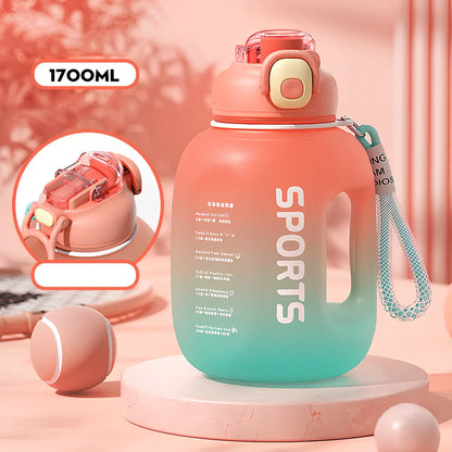 Red 1.7L portable sports water bottle in ton ton barrel shape, 22cm tall with 13.3cm diameter for outdoor fitness use