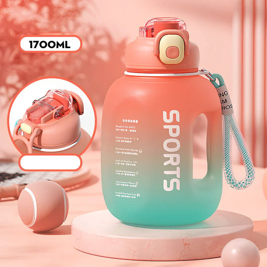 Red 1.7L portable sports water bottle in ton ton barrel shape, 22cm tall with 13.3cm diameter for outdoor fitness use