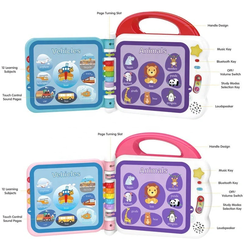 Educational English Kids Intelligent Book Learning Machine with Bluetooth in pink, red, and green