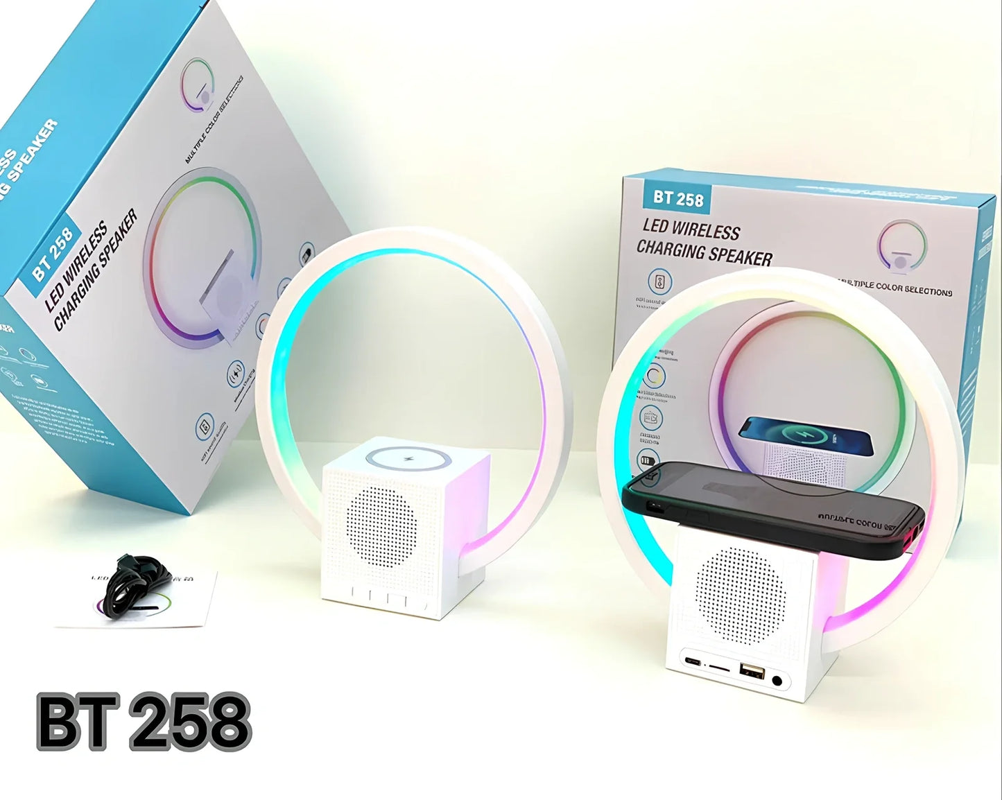 White smart speaker with wireless charging surface, LED lights, and Bluetooth connectivity