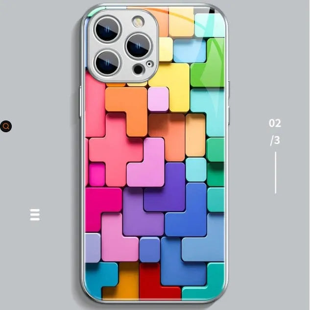 Silicone mobile phone case with colour building block design for iPhone models, featuring a cartoon geometric pattern available in colour options including Hei glass, Powdered glass, and Silver glass.