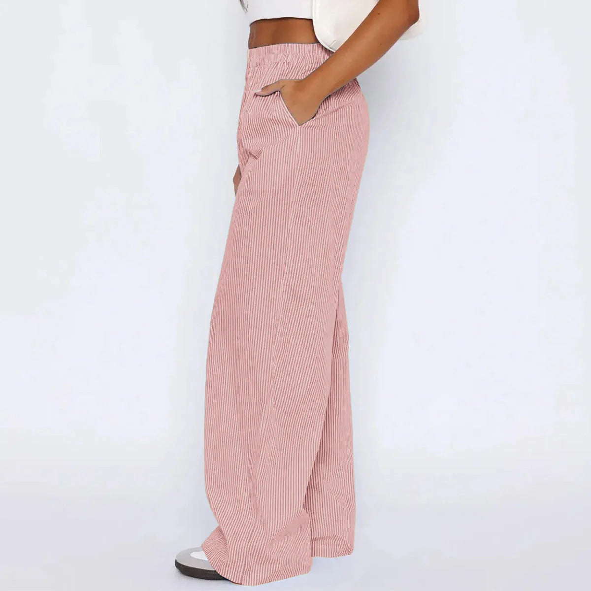 Stylish women's striped high waist wide leg trousers with pockets in various colors