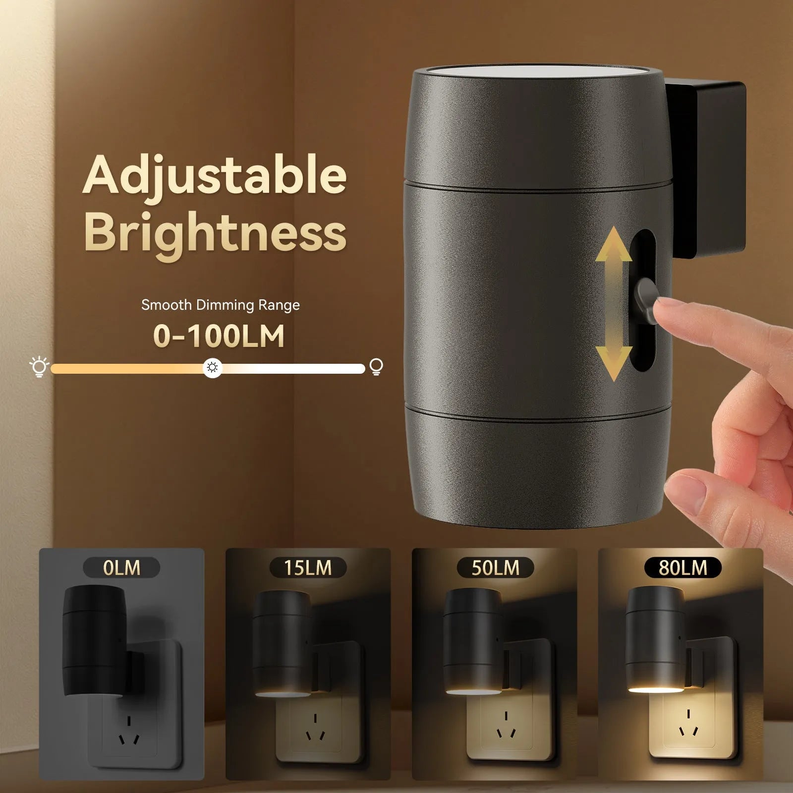 White adjustable brightness rotating induction night lamp showing light head rotation and plug