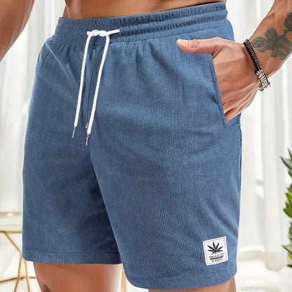 Men's straight-cut drawstring shorts in blue, shown on a model for summer casual wear.