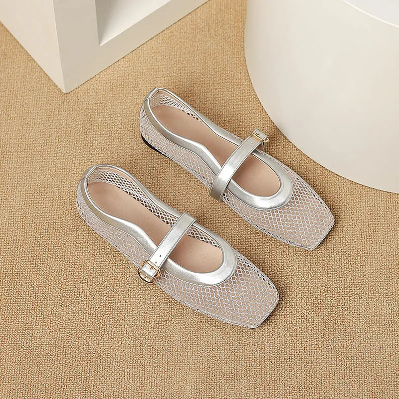 Women's beige mesh hollow out pumps with buckle fastening and square toe on a flat sole.