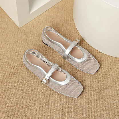 Women's beige mesh hollow out pumps with buckle fastening and square toe on a flat sole.