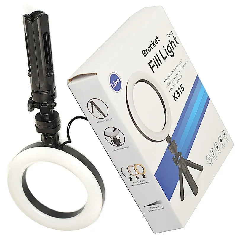 Black desktop mobile phone tripod with adjustable colour ring light for streaming
