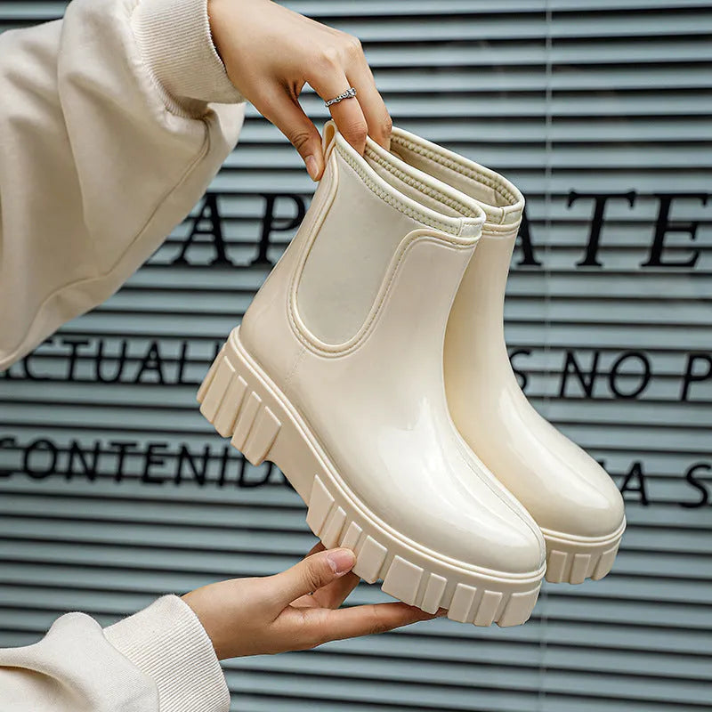 Low Tube Rain Boots for women, waterproof PVC wellington boots with flat heel, thickening sole for height increase and non-slip safety, 13cm shaft height and 5cm width, available in six colours including creamy-white, apricot and rose red, sizes UK 36-41
