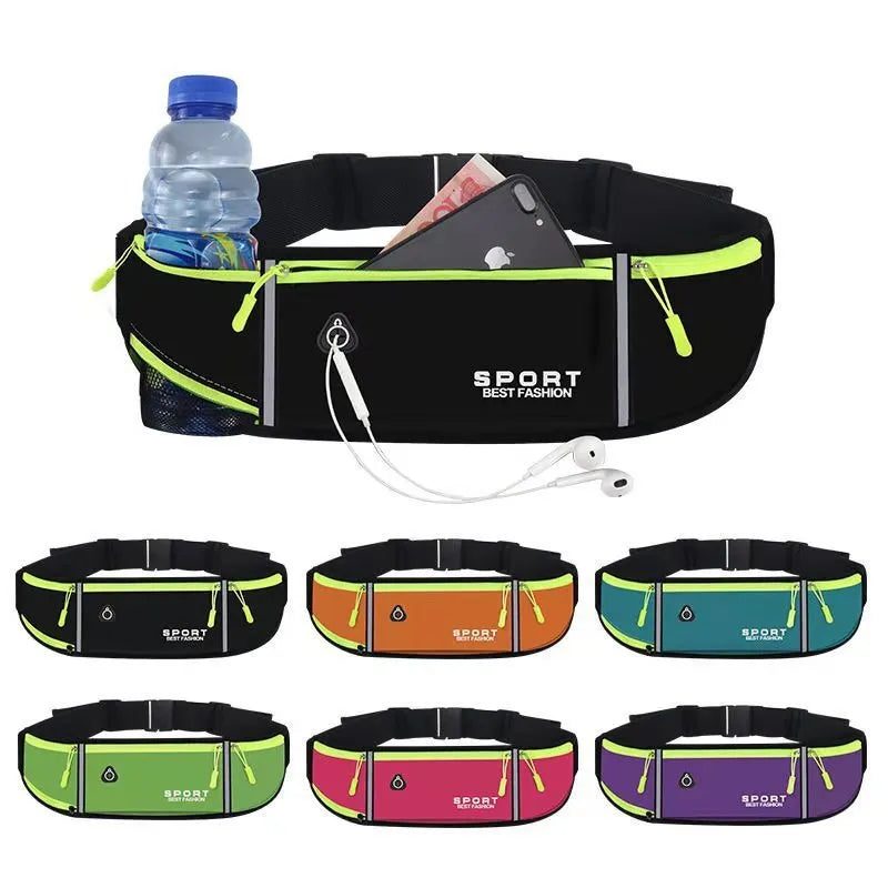 Waterproof running belt bag with Oxford cloth construction available in black, blue, fluorescent green, orange, purple, and rose red for outdoor exercise, featuring an anti-theft design and three-pocket or four-pocket kettle capacity options.