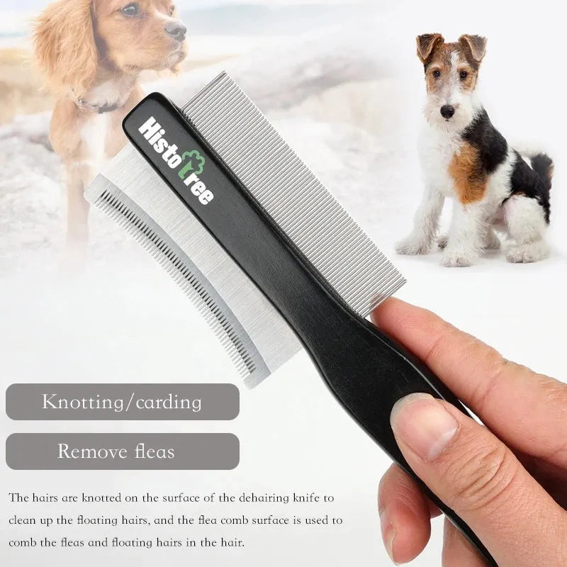 Black double-sided pet hair comb with wooden handle and metal teeth for cat and dog grooming