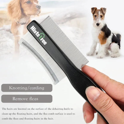 Black double-sided pet hair comb with wooden handle and metal teeth for cat and dog grooming