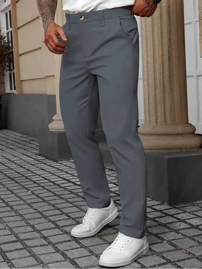 Men's straight leg light business trousers in polyester, shown in black, apricot, white, and grey colours.