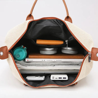 Large capacity canvas yoga and fitness bag in brown, khaki, or black with polyester lining and shoulder strap.