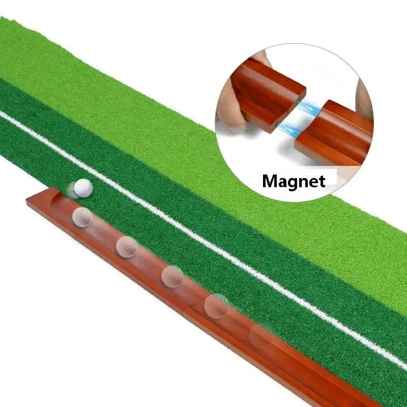Indoor golf putting mat with solid wood frame, artificial grass surface, and dual-hole targets