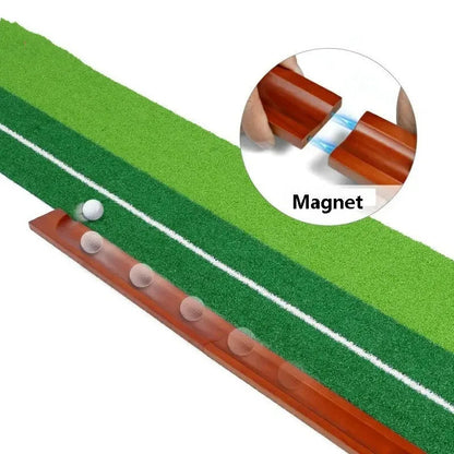 Indoor golf putting mat with solid wood frame, artificial grass surface, and dual-hole targets