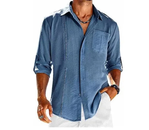 Men's solid colour long sleeve cotton blend shirt with polo collar and lace-trimmed chest pocket