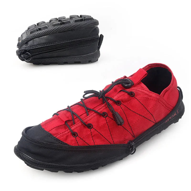 Portable folding outdoor hiking shoes in orange with side zipper closure, shown flat and folded