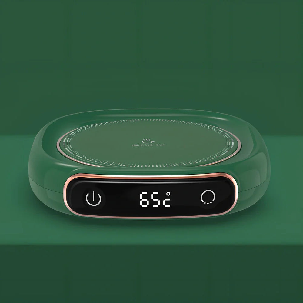 White plated collage desktop warming pad with digital temperature display showing current heating status