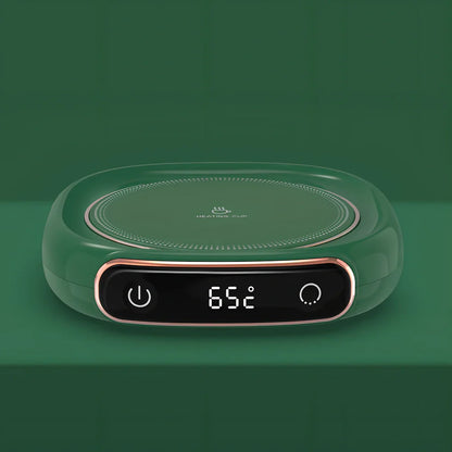 White plated collage desktop warming pad with digital temperature display showing current heating status