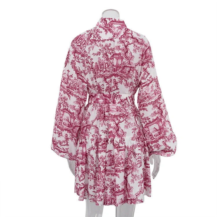 Stylish women's ink print A-line dress with puffy sleeves and lapel tie in various colours