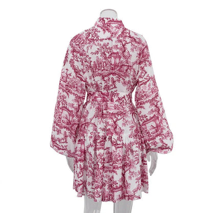 Stylish women's ink print A-line dress with puffy sleeves and lapel tie in various colours