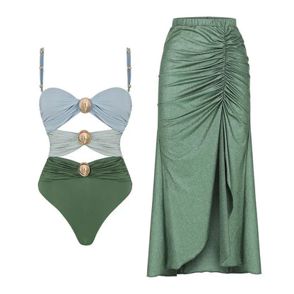 Women's high waist bikini swimsuit set in green one-piece and yellow split colour options