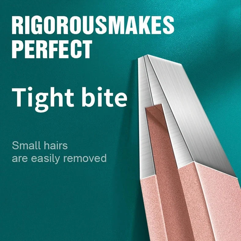 Four stainless steel tweezers arranged together showing 9.5cm length and precision tips