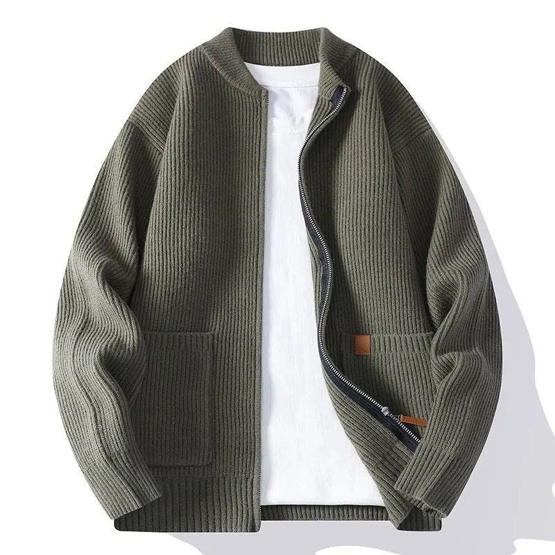 Men's straight-fit striped cardigan jacket in a Vinylon-blend knit, shown in one of five colour options.