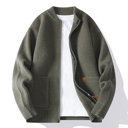 Men's straight-fit striped cardigan jacket in a Vinylon-blend knit, shown in one of five colour options.