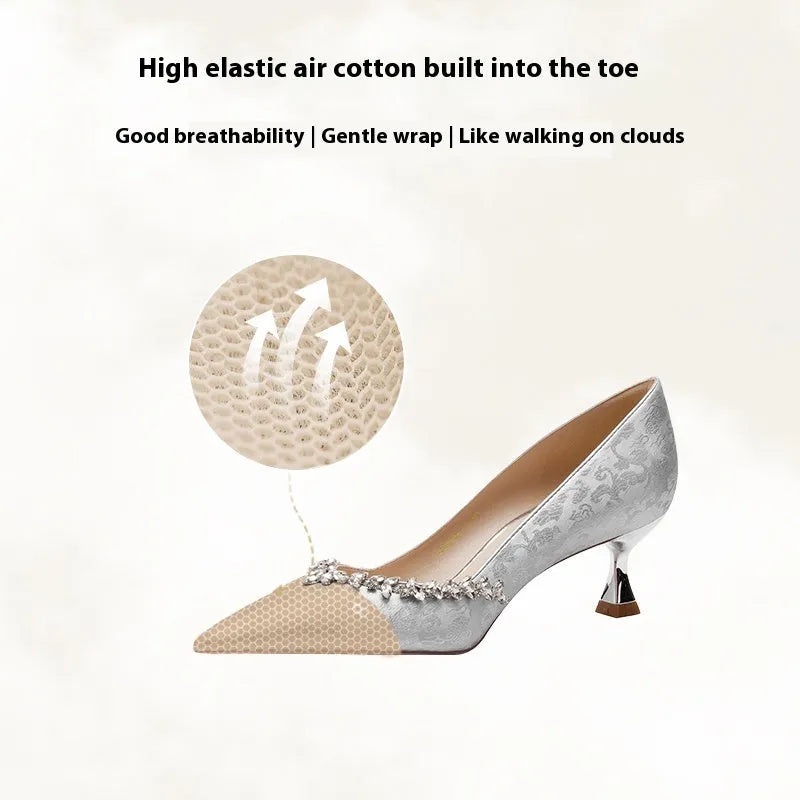 Chinese style satin wedding high heels with rhinestone detailing in champagne, green or silver