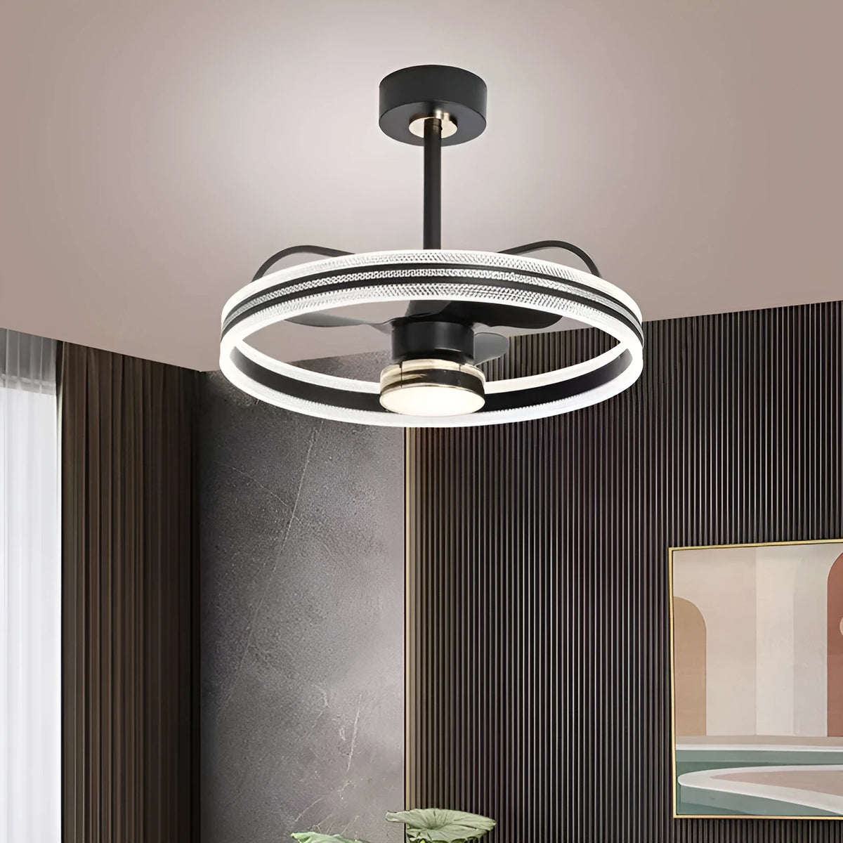 Modern minimalist fan lamp with remote control showing black finish and acrylic shade