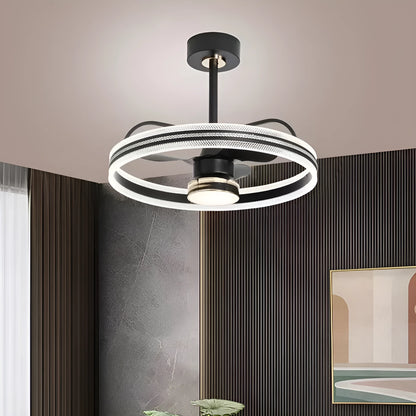 Modern minimalist fan lamp with remote control showing black finish and acrylic shade