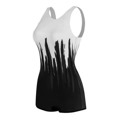 Black conservative one-piece swimsuit with printing pattern for sports swimming