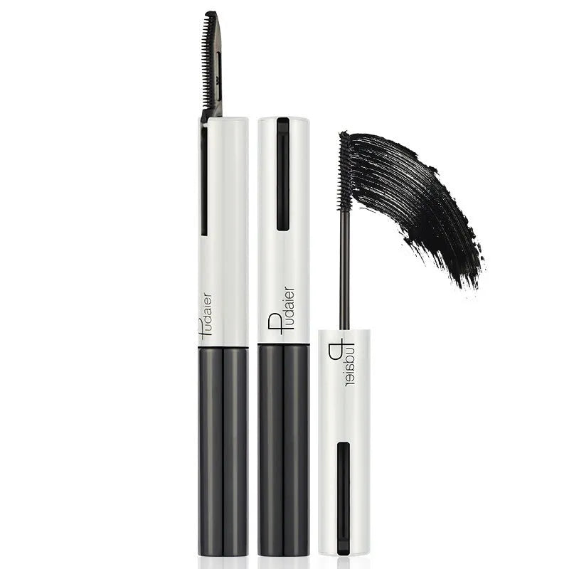 Black waterproof mascara tube with applicator showing curled lash effect