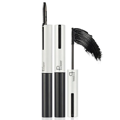 Black waterproof mascara tube with applicator showing curled lash effect