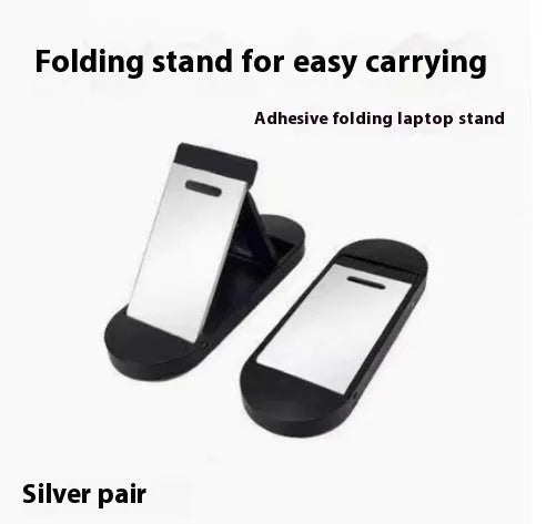 Compact foldable aluminium alloy laptop stand bracket shown with adhesive backing
