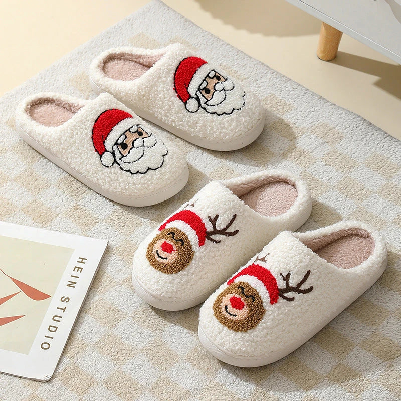 Cozy Christmas Home Slippers with Cute Santa Claus, Moose, and Gingerbread Man Designs
