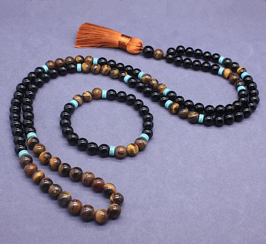 Black agate and tiger's eye bracelet and necklace set with geometric carved tiger pendant