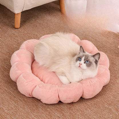 Blue, grey, pink, and yellow 50cm square plush pet bed with half-surrounded petal design.