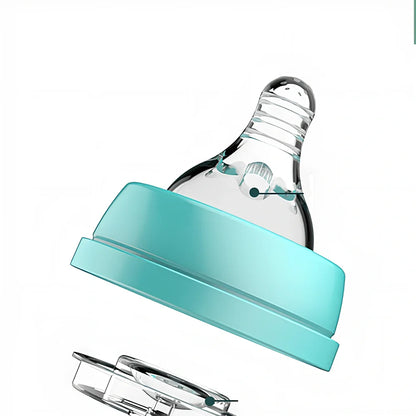 Blue PP baby feeding bottle with curved handles, 240mL capacity, wide calibre, transparent BPA-free design for easy cleaning