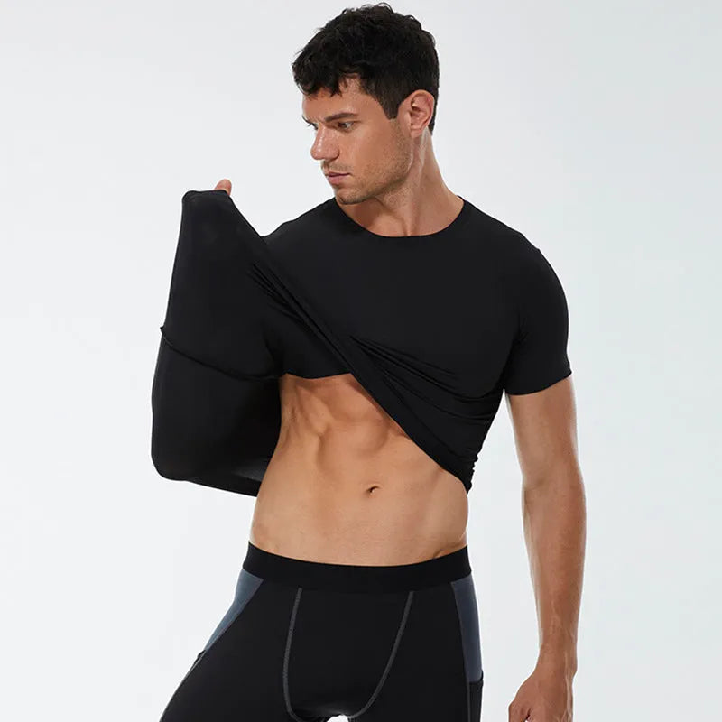 Men's stretch quick drying short-sleeved fitness shirt in polyester fabric available in sizes S to XXXL with seven colour options including fluorescent green and flower grey for gym workouts and active wear.