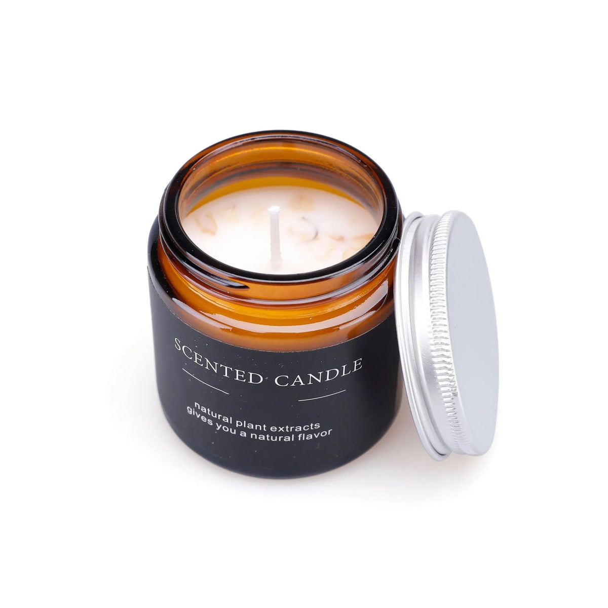 Brown glass bottle containing a hand-poured scented candle with a choice of sunny rose, lavender thyme, or bayberry fragrance.