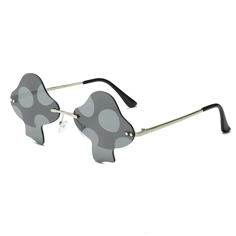 Gold rimless mushroom sunglasses with blue polycarbonate lenses showing 60-port sizing system