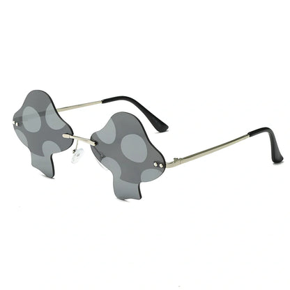 Gold rimless mushroom sunglasses with blue polycarbonate lenses showing 60-port sizing system