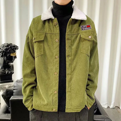 Men's loose fit corduroy workwear jacket in khaki, green, or black with stick pockets and regular sleeves
