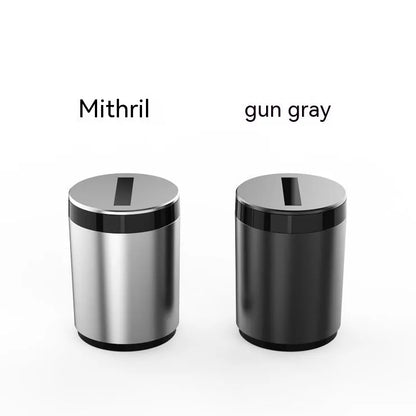 Silver aluminium intelligent induction ashtray with automatic opening lid for car and home use.